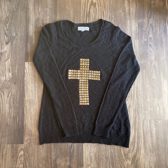Pink Rose Black Sweater with Gold Cross - Picture 1 of 3